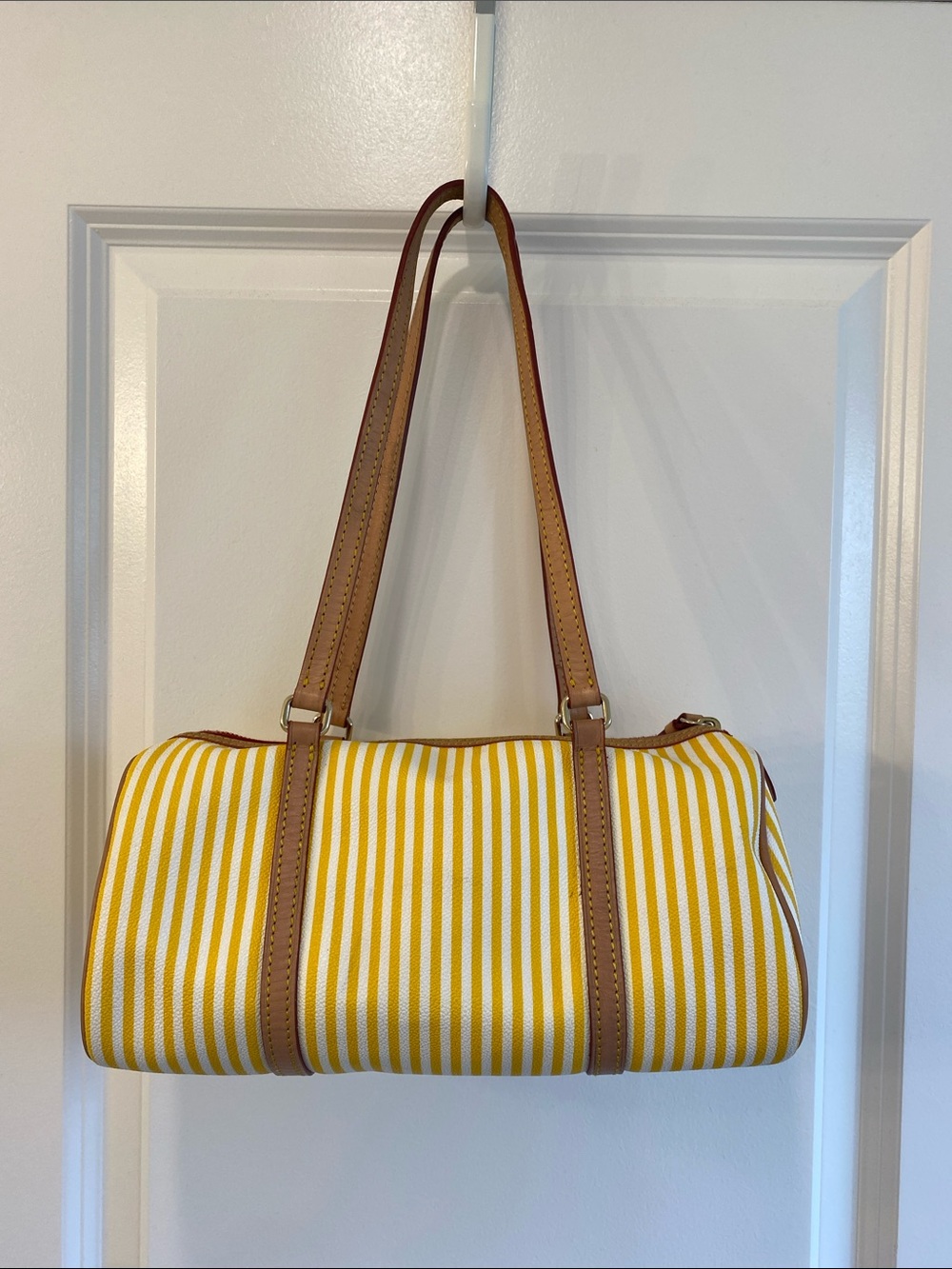 Dooney & Bourke Yellow & White Striped Barrel Shoulder Bag Tan Trim EUC ✨ - Picture 3 of 12